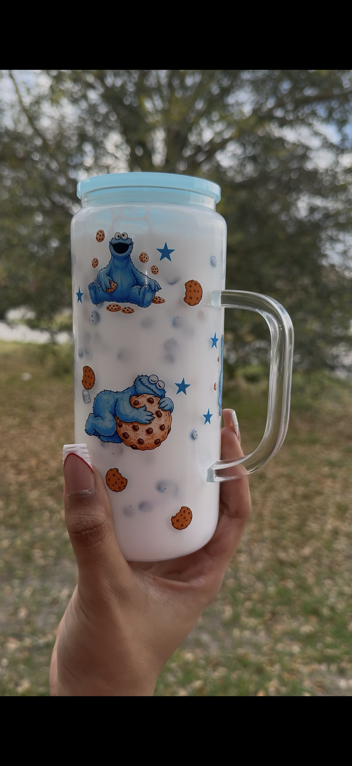 20oz glass “Cookie Monster” Milk Snowglobe Tumbler