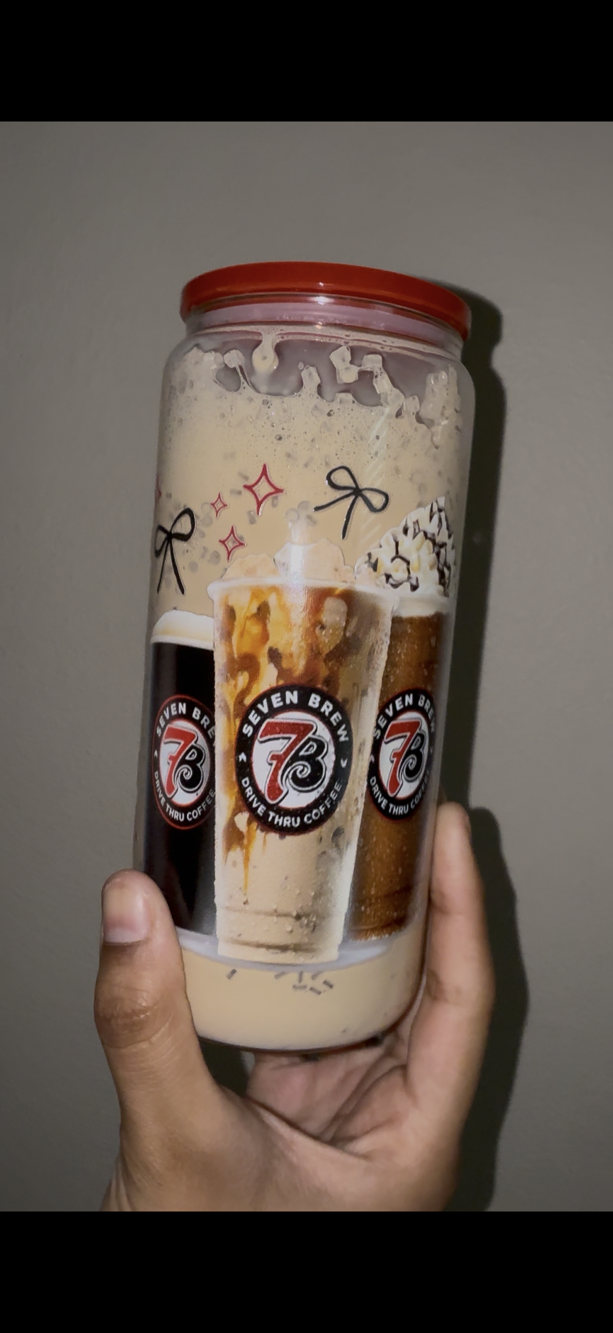 Iced Coffee “7Brew” Glass Snowglobe Tumbler