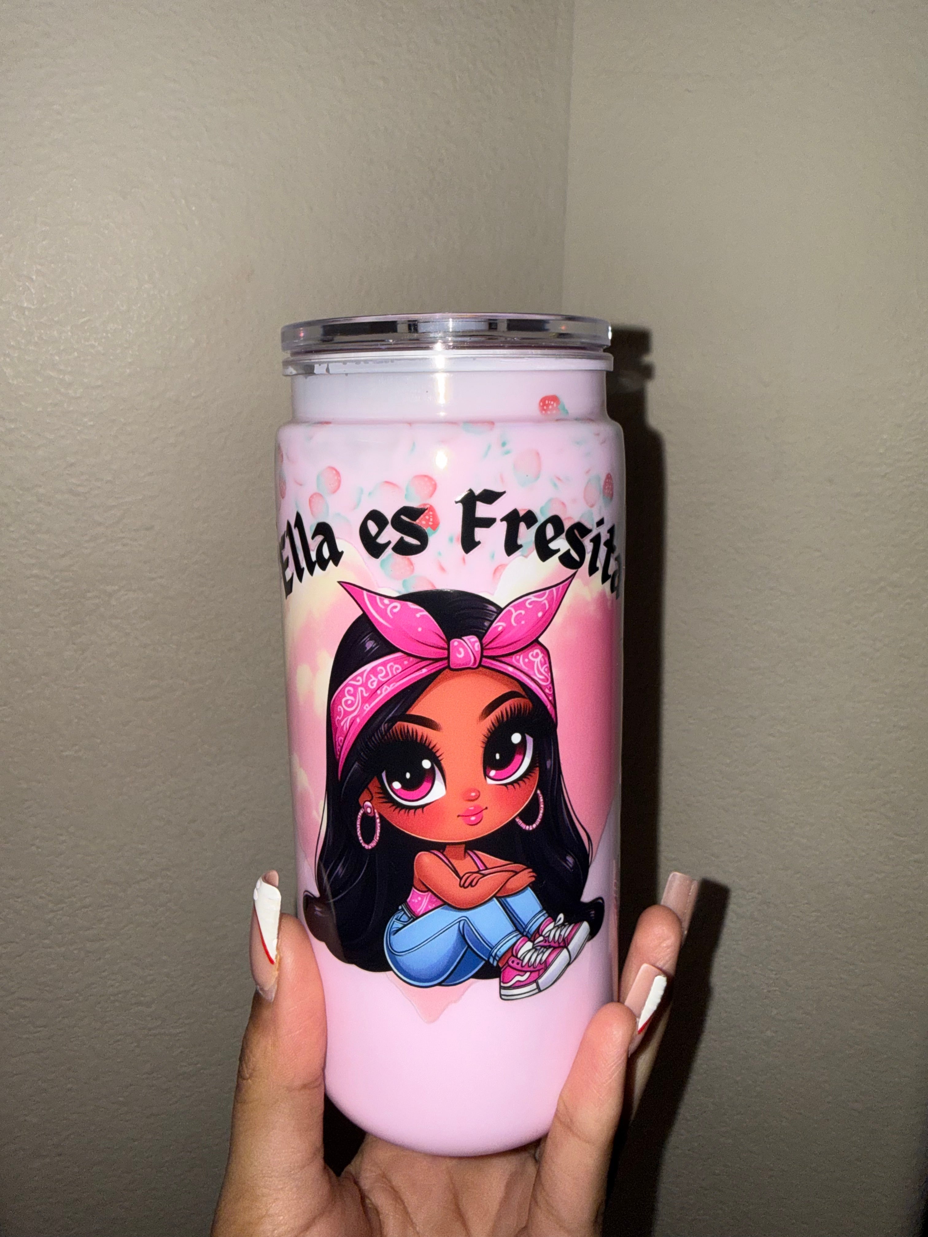20oz Acrylic "Ella Es Frecita" Strawberry Paint Snowglobe Tumbler